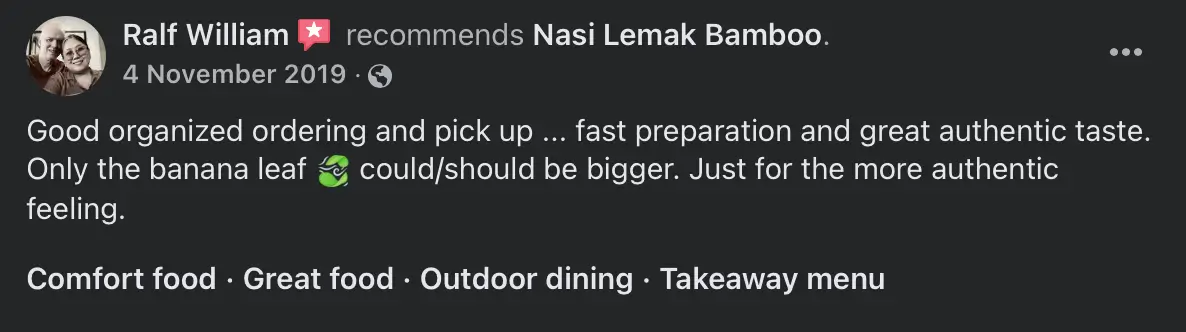 Facebook recommendation for Nasi Lemak Bamboo, review 1 of 8