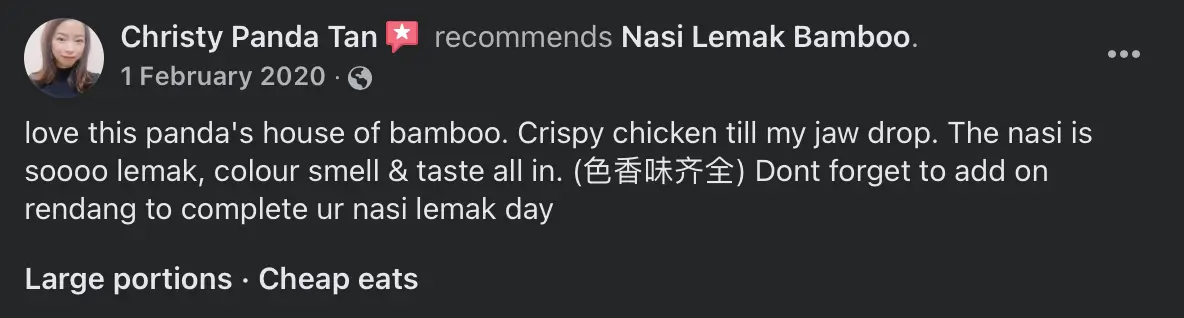 Facebook recommendation for Nasi Lemak Bamboo, review 2 of 8