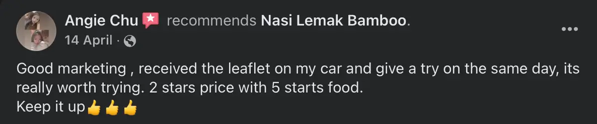 Facebook recommendation for Nasi Lemak Bamboo, review 3 of 8