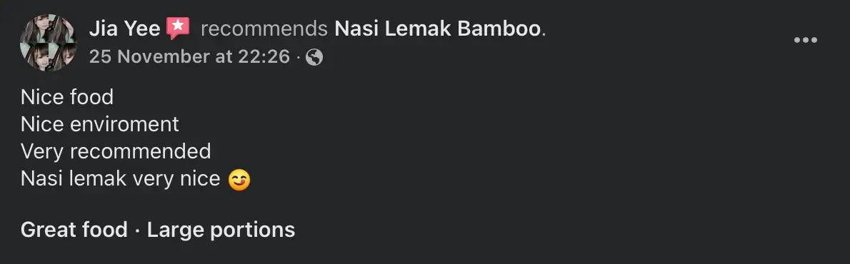 Facebook recommendation for Nasi Lemak Bamboo, review 5 of 8