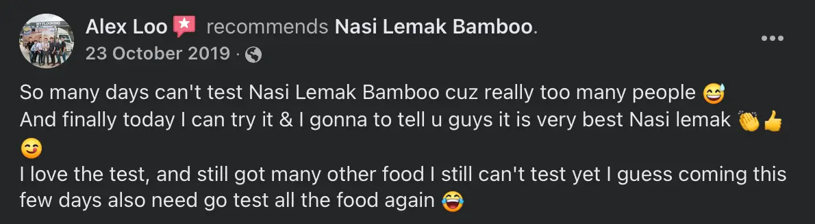 Facebook recommendation for Nasi Lemak Bamboo, review 6 of 8