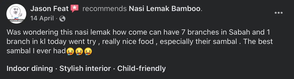 Facebook recommendation for Nasi Lemak Bamboo, review 7 of 8