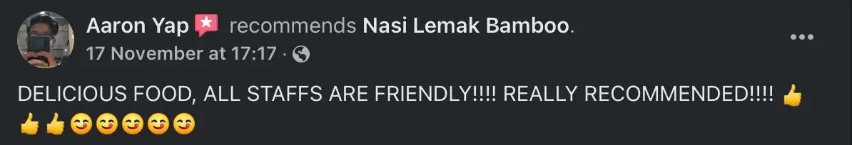 Facebook recommendation for Nasi Lemak Bamboo, review 8 of 8